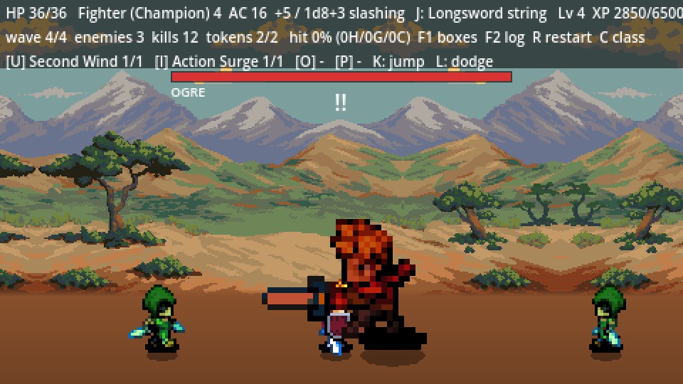 Nat20 Brawl: the fighter squares up to the Ogre in the desert while goblins flank